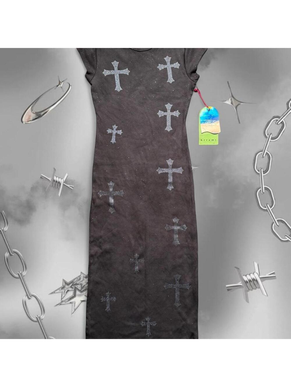 Y2K McBling Goth Grunge Cross Embellished Ribbed Maxi Dress M